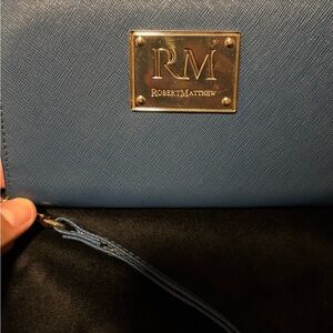 Blue Saffiano Wristlet Clutch with Gold Logo